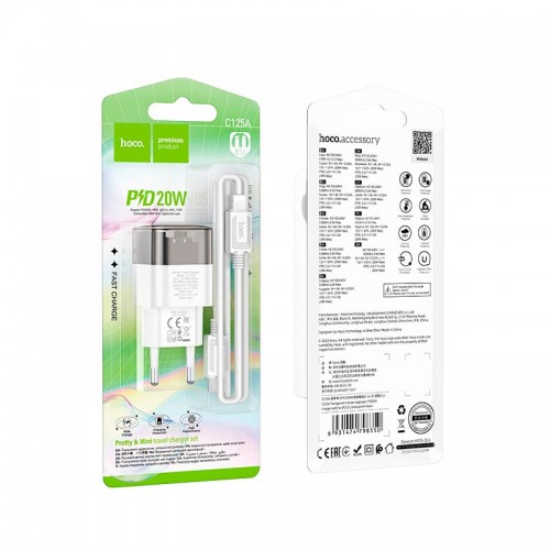 Адаптер мережевий HOCO Type-C to Lightning cable Transparent tribute single-port C125A |1Type-C, PD/QC, 20W/3A| transparent-blue