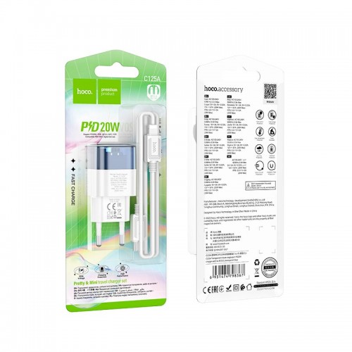 Адаптер мережевий HOCO Type-C to Lightning cable Transparent tribute single-port C125A |1Type-C, PD/QC, 20W/3A| transparent-blue