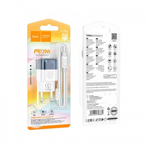 Адаптер мережевий HOCO Type-C to Type-C Cable Transparent tribute single-port C125A |1Type-C, PD/QC, 20W/3A| transparent-blue