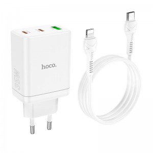 Адаптер мережевий Hoco Type-C to Lightning Cabel Start three-port charger N33 |1USB/2Type-C, PD/QC, 35W/3A| white
