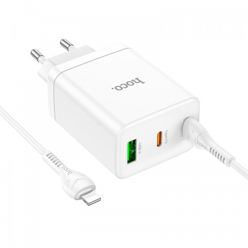 Адаптер мережевий Hoco Type-C to Lightning Cabel Start three-port charger N33 |1USB/2Type-C, PD/QC, 35W/3A| white