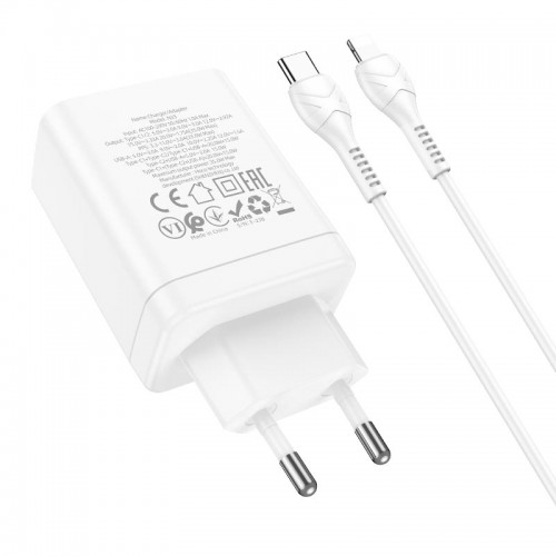 Адаптер мережевий Hoco Type-C to Lightning Cabel Start three-port charger N33 |1USB/2Type-C, PD/QC, 35W/3A| white