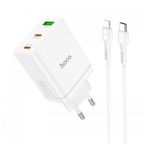 Адаптер мережевий Hoco Type-C to Lightning Cabel Start three-port charger N33 |1USB/2Type-C, PD/QC, 35W/3A| white