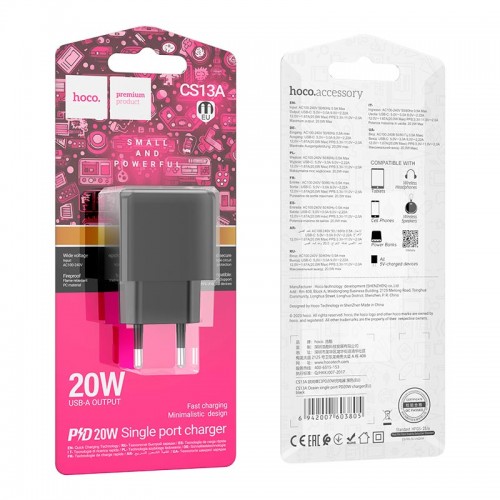 Адаптер мережевий HOCO Ocean single port charger CS13A |1type-C, 20W/3A, PD/QC| black