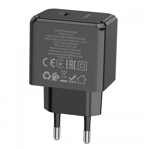 Адаптер мережевий HOCO Ocean single port charger CS13A |1type-C, 20W/3A, PD/QC| black