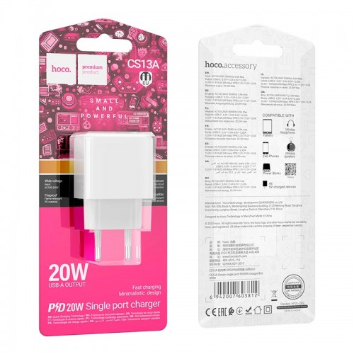 Адаптер мережевий HOCO Ocean single port charger CS13A |1type-C, 20W/3A, PD/QC| black