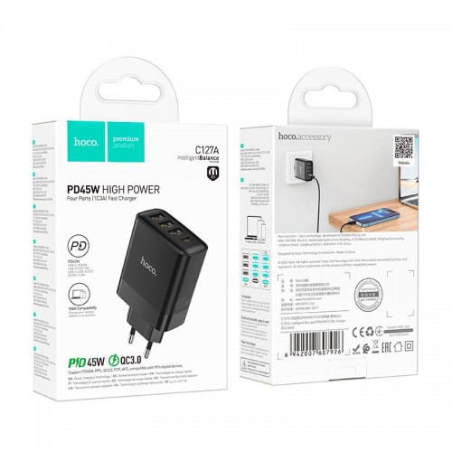Адаптер мережевий Hoco Intelligent four-port C127A |3USB/1TypeC, 45W/3A, PD/QC| black