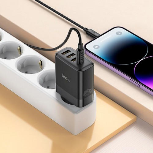 Адаптер мережевий Hoco Intelligent four-port C127A |3USB/1TypeC, 45W/3A, PD/QC| black