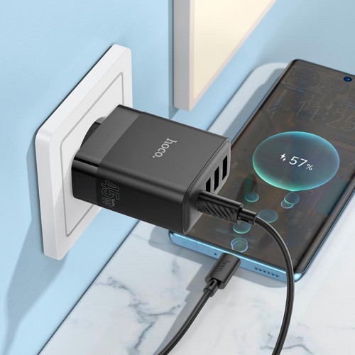Адаптер мережевий Hoco Intelligent four-port C127A |3USB/1TypeC, 45W/3A, PD/QC| black