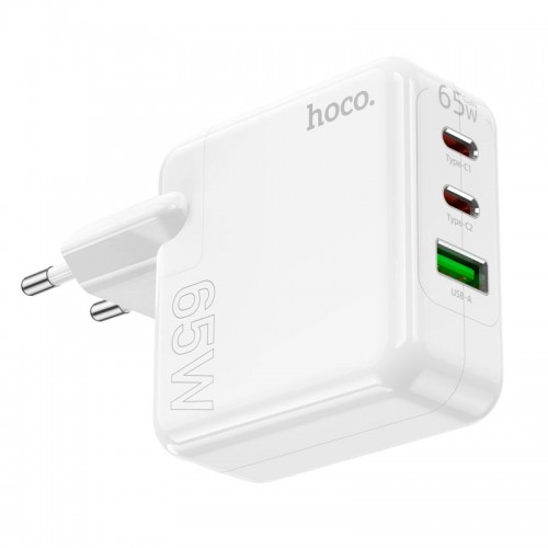 Адаптер мережевий HOCO Header three-port C115A |1USB/2Type-C, 65W/3A, PD/QC| white