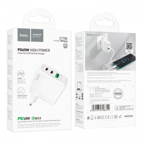 Адаптер мережевий HOCO Header three-port C115A |1USB/2Type-C, 65W/3A, PD/QC| white