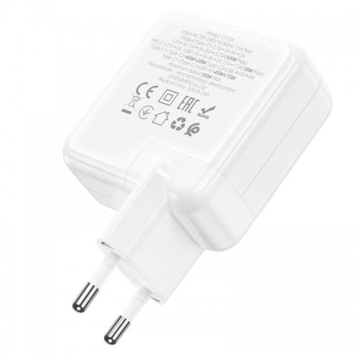 Адаптер мережевий HOCO Header three-port C115A |1USB/2Type-C, 65W/3A, PD/QC| white
