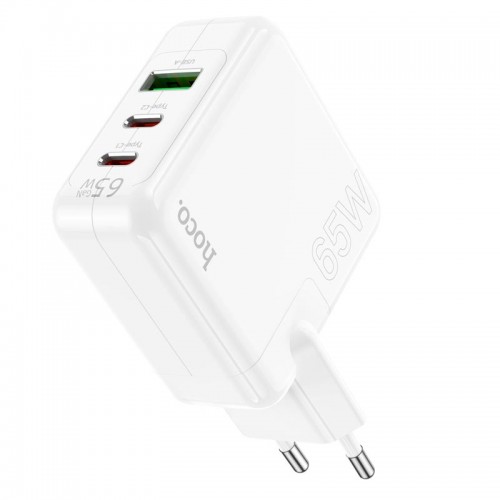 Адаптер мережевий HOCO Header three-port C115A |1USB/2Type-C, 65W/3A, PD/QC| white