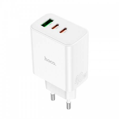 Адаптер мережевий HOCO Pure power three-port C126A |1USB/2Type-C, 40W/3A, PD/QC| white