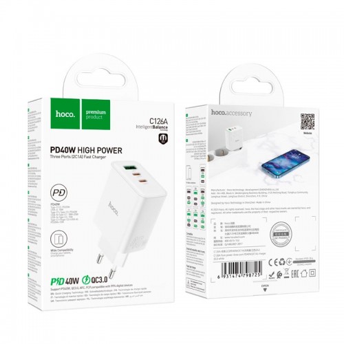 Адаптер мережевий HOCO Pure power three-port C126A |1USB/2Type-C, 40W/3A, PD/QC| white