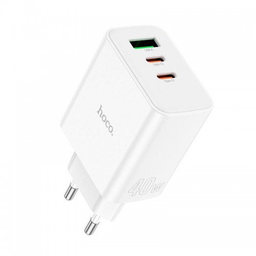 Адаптер мережевий HOCO Pure power three-port C126A |1USB/2Type-C, 40W/3A, PD/QC| white