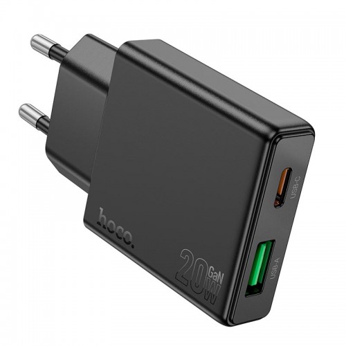 Адаптер мережевий Hoco Delgado dual Port charger N38 |1USB/1Type-C, 20W/3A, PD/QC| black