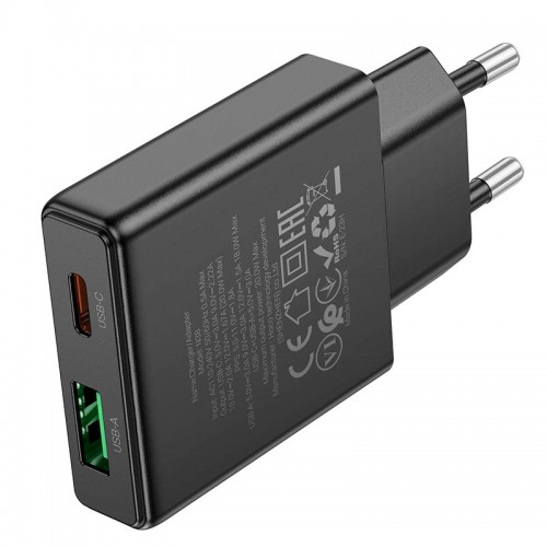 Адаптер мережевий Hoco Delgado dual Port charger N38 |1USB/1Type-C, 20W/3A, PD/QC| black