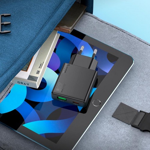 Адаптер мережевий Hoco Delgado dual Port charger N38 |1USB/1Type-C, 20W/3A, PD/QC| black