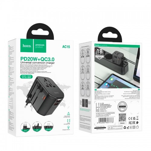 Перехідник для розеток HOCO Walker three-port PD20W universal conversion charger AC15 |2USB/Type-C| black