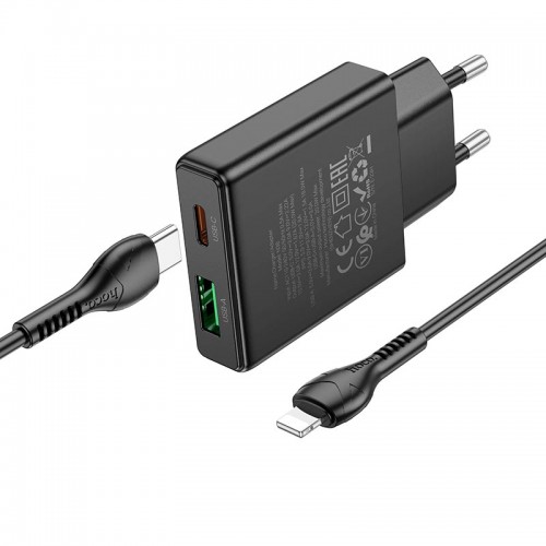 Адаптер мережевий HOCO Type-C to Lightning Delgado dual Port charger N38 |1USB/1Type-C, 20W/3A, PD/QC| black