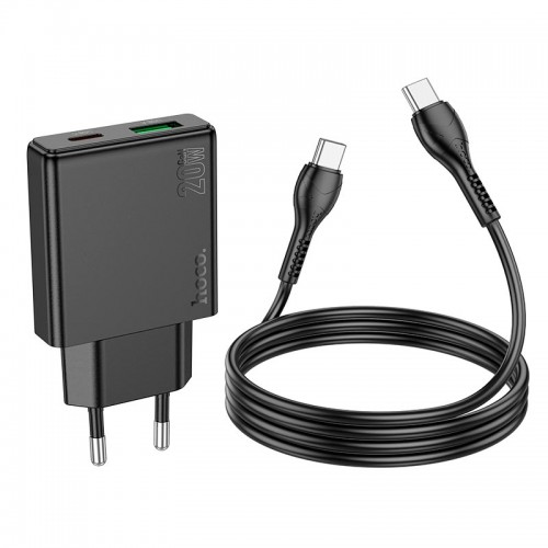 Адаптер мережевий HOCO Type-C to Type-C Delgado dual Port charger N38 |1USB/1Type-C, 20W/3A, PD/QC| black