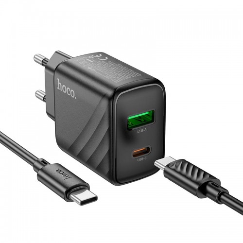 Адаптер мережевий HOCO Type-C to Type-C cable Sunlight dual-port charger CS23A |1USB/1Type-C, 30W/3A, PD/QC| black