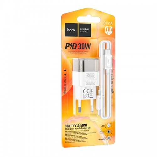 Адаптер мережевий HOCO Type-C to Type-C cable Platinum dual-port C131A |1USB/1Type-C, 30W/3A, PD/QC| transparent-black