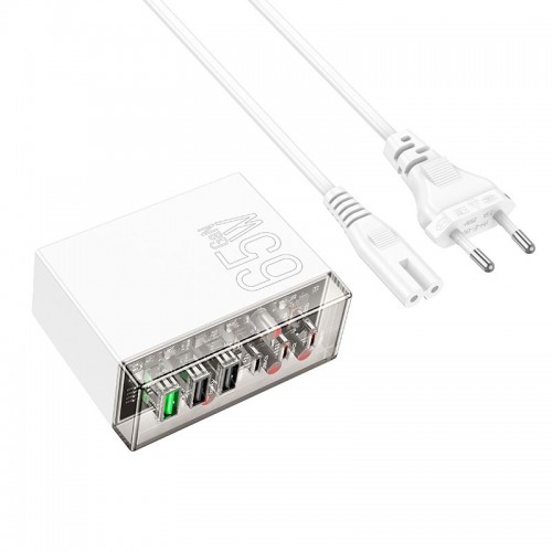 Адаптер мережевий Hoco Fuerza six-port charger N36 |3USB/3Type-C, 65W/3A, PD/QC| transparent-black