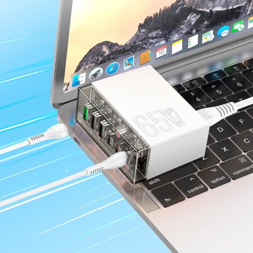 Адаптер мережевий Hoco Fuerza six-port charger N36 |3USB/3Type-C, 65W/3A, PD/QC| transparent-black