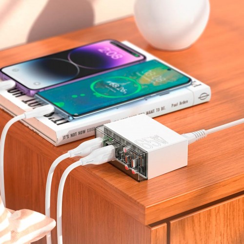 Адаптер мережевий Hoco Fuerza six-port charger N36 |3USB/3Type-C, 65W/3A, PD/QC| transparent-black