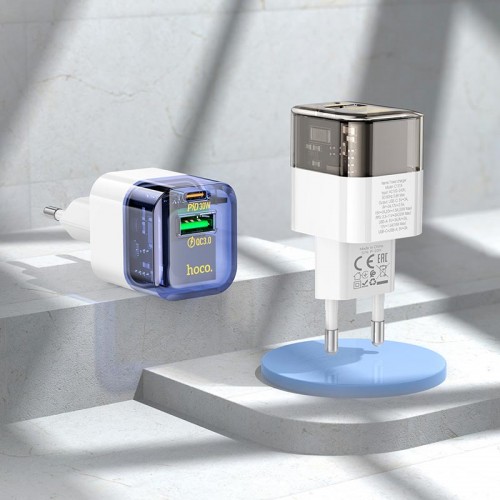 Адаптер мережевий HOCO Platinum dual-port C131A |1USB/1Type-C, 30W/3A, PD/QC| transparent-black