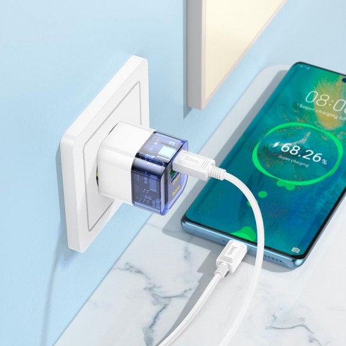 Адаптер мережевий HOCO Platinum dual-port C131A |1USB/1Type-C, 30W/3A, PD/QC| transparent-black