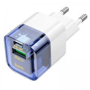 Адаптер мережевий HOCO Platinum dual-port C131A |1USB/1Type-C, 30W/3A, PD/QC| transparent-blue