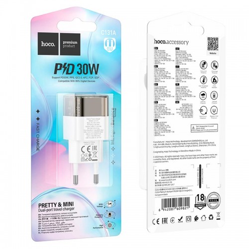 Адаптер мережевий HOCO Platinum dual-port C131A |1USB/1Type-C, 30W/3A, PD/QC| transparent-blue