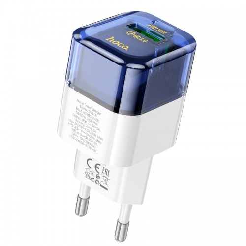Адаптер мережевий HOCO Platinum dual-port C131A |1USB/1Type-C, 30W/3A, PD/QC| transparent-blue