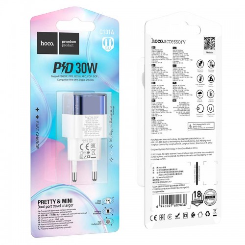 Адаптер мережевий HOCO Platinum dual-port C131A |1USB/1Type-C, 30W/3A, PD/QC| transparent-blue