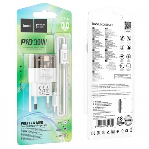 Адаптер мережевий HOCO Type-C to Lightning Cable Platinum dual-port C131A |1USB/1Type-C, 30W/3A, PD/QC| transparent-black