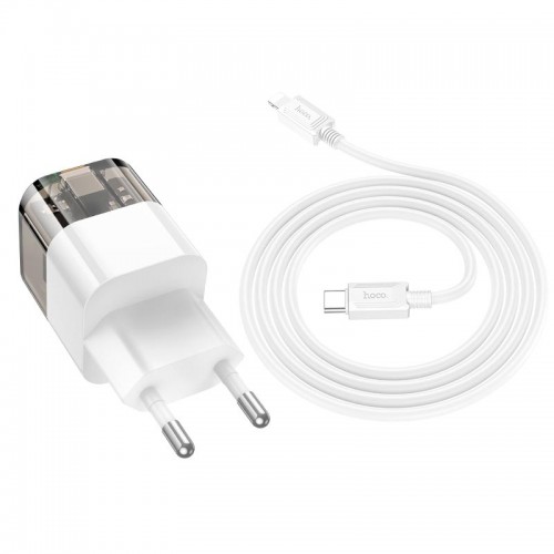 Адаптер мережевий HOCO Type-C to Lightning Cable Platinum dual-port C131A |1USB/1Type-C, 30W/3A, PD/QC| transparent-black