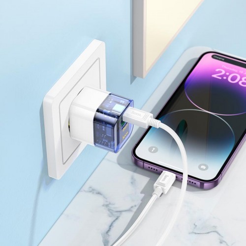 Адаптер мережевий HOCO Type-C to Lightning Cable Platinum dual-port C131A |1USB/1Type-C, 30W/3A, PD/QC| transparent-black