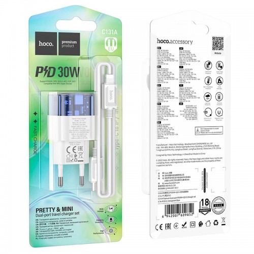 Адаптер мережевий HOCO Type-C to Lightning Cable Platinum dual-port C131A |1USB/1Type-C, 30W/3A, PD/QC| transparent-black