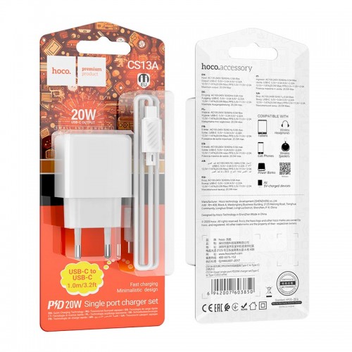 Адаптер мережевий HOCO Type-C to Type-C cable Ocean single port charger CS13A |1type-C, 20W/3A, PD/QC| black