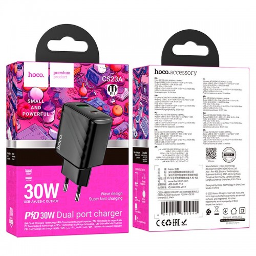 Адаптер мережевий HOCO Sunlight dual-port charger CS23A |1USB/1Type-C, 30W/3A, PD/QC| black