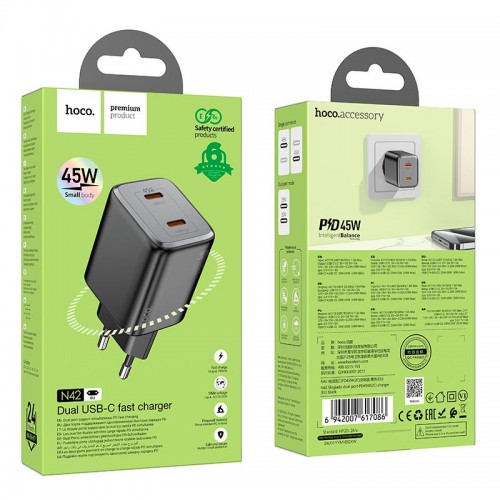 Адаптер сетевой Hoco Elogiado dual-port charger N42 |2Type-C, 45W/3A, PD/QC|
