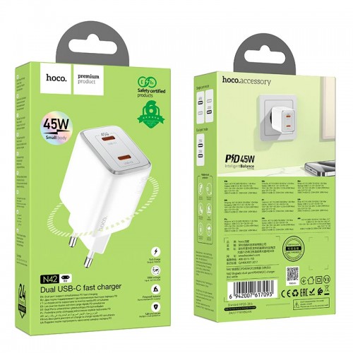 Адаптер мережевий Hoco Elogiado dual-port charger N42 |2Type-C, 45W/3A, PD/QC| white
