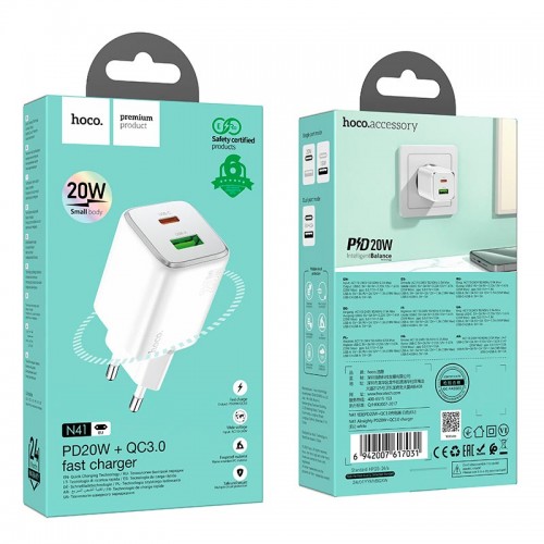 Адаптер мережевий Hoco Almighty charger N41 |1USB/1Type-C, 20W/3A, PD/QC| white