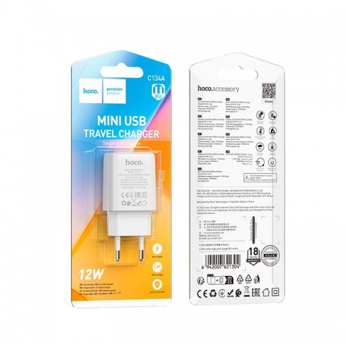 Адаптер мережевий Hoco Solid single Port charger C134A |1USB, 12W/2.4A| black