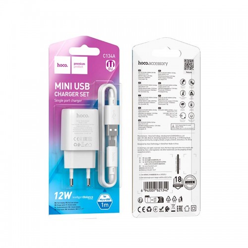 Адаптер мережевий Hoco Micro USB Cable Solid single port charger C134A |1USB, 12W/2.4A| white