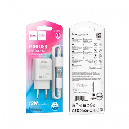 Адаптер сетевой HOCO Type-C Cable Solid single port charger C134A |1USB, 12W/2.4A|