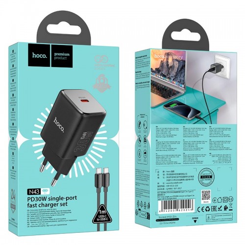 Адаптер сетевой HOCO Type-C to Type-C cable Vista single port charger N43 |Type-C, QC/PD, 30W/3A|